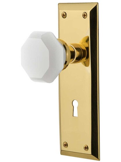 New York Mortise Lock Set with Milk White Waldorf Crystal Glass Knobs in Polished Brass.